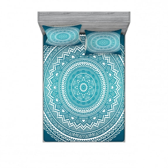 Turquoise Ombre Bedding Set with Sheet & Covers, Mandala Medallion Starry Design with Flower in Middle Art, Printed Bedroom Decor 2 Shams, 4 Sizes, Dark Turquoise, by Ambesonne