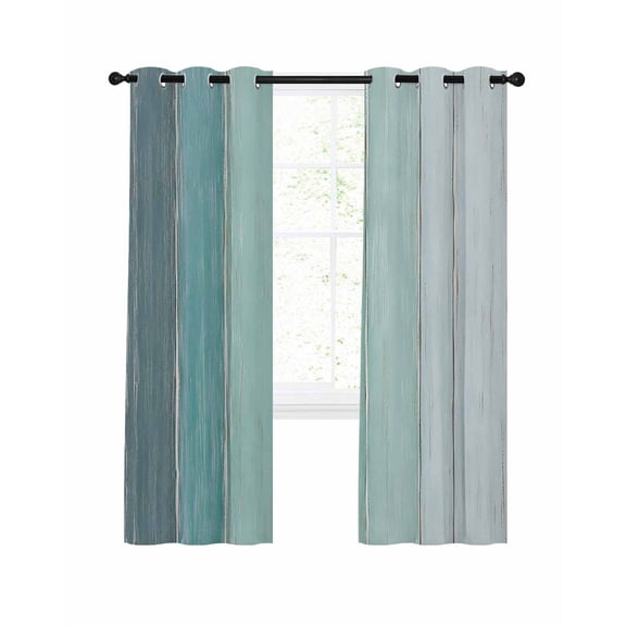 Turquoise Ombre Blackout Curtains for Bedroom Living Room, Gray Teal Wood Grain Stripes Rustic Country 45 In Long Thermal Insulated Room Darkening Drapes Grommet Window Treatments, 52 x 45 In