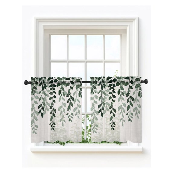 Turquoise Ombre Botanical Sheer Kitchen Tier Curtains 36 Inch length,Rod Pocket Half Curtains Short Drapes,Watercolor Pastoral Leaf Rustic Privacy Chiffon Small Curtains 2 Panels 27.5"W x 36"L