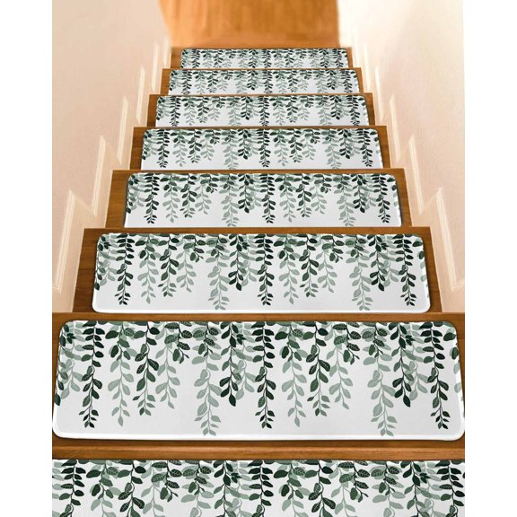 Turquoise Ombre Botanical Stair Treads for Wooden Steps Indoor Runner Rug Carpet, Watercolor Pastoral Leaf 4 Pieces Peel and Stick Staircase Step Treads Covers Washable Throw Door Mats, 30"x8"