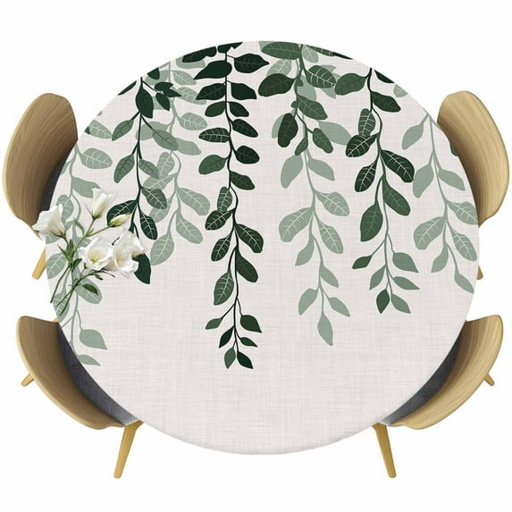 Turquoise Ombre Botanical Table Cloth, Round Fitted Tablecloths with Elastic Edge, Watercolor Pastoral Leaf Rustic Wipeable Waterproof Table Cover for Kitchen Wedding 36-44 Inches
