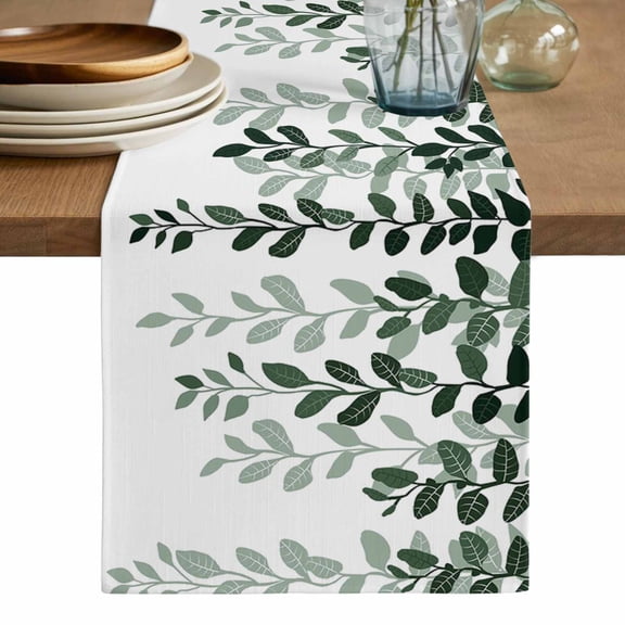 Turquoise Ombre Botanical Table Runner, Watercolor Pastoral Leaf Washable Cotton Linen Table Runners 48 Inches Long, Dresser Scarf Runner for Nightstand/Coffee/End Tables 13''x48''