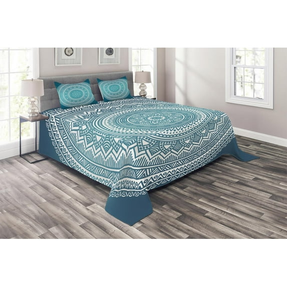 Turquoise Ombre Coverlet Set King Size, Mandala Medallion Starry Design with Flower in Middle Ethnic Ethnic Art, Quilted 3 Piece Decor Bedspread Set with 2 Pillow Shams, Dark Turquoise, by Ambesonne