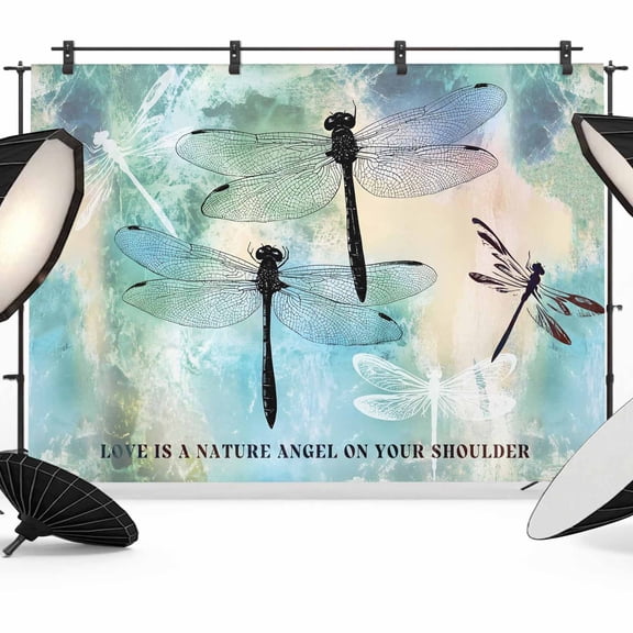 Turquoise Ombre Dragonfly Backdrop for Photography,Fabric Photo Background Backdrop,Abstract Modern Art Gradient Photo Booth Background for Portrait Photoshoot Video Wedding Decoration Banner 7x5ft