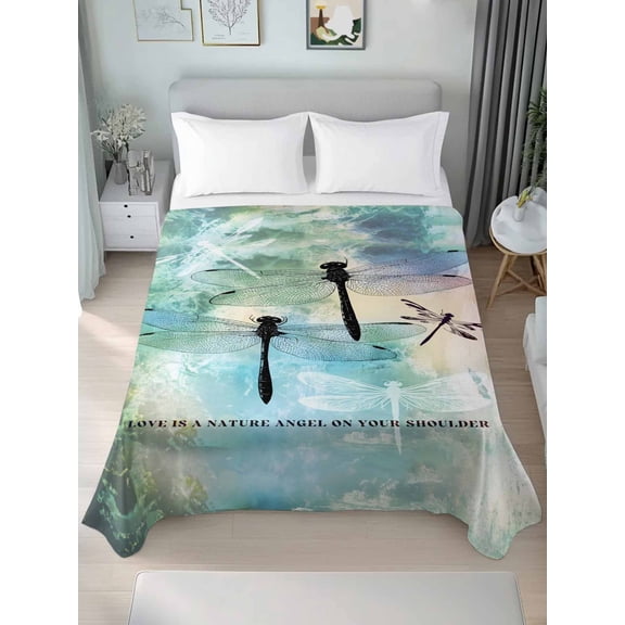 Turquoise Ombre Dragonfly California King Size Flat Sheet, Wrinkleproof & Fadeproof Cooling Flat Bed Sheet Only, Abstract Modern Art Gradient Breathable Soft Bedding Top Sheets 108 x 98 Inches