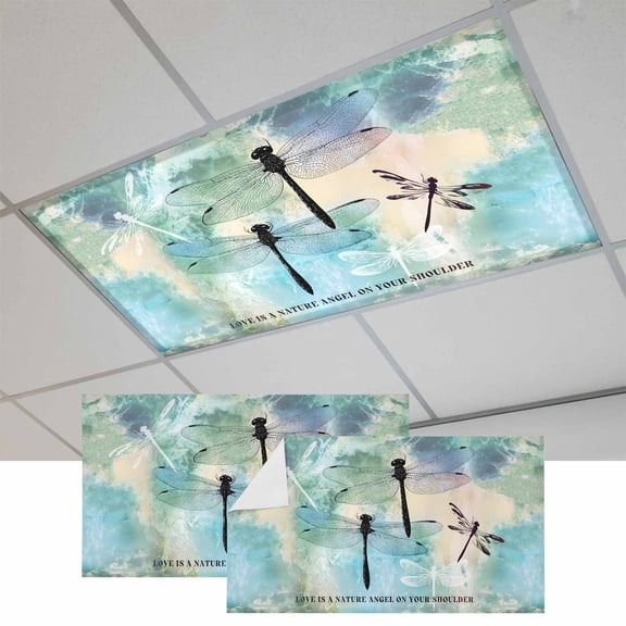 Turquoise Ombre Dragonfly Magnetic Fluorescent Light Covers for Ceiling Lights 2x4Ft,Abstract Modern Art Gradient Office Classroom Kitchen Drop Ceiling Light Covers Filters Shade Panel 2Packs