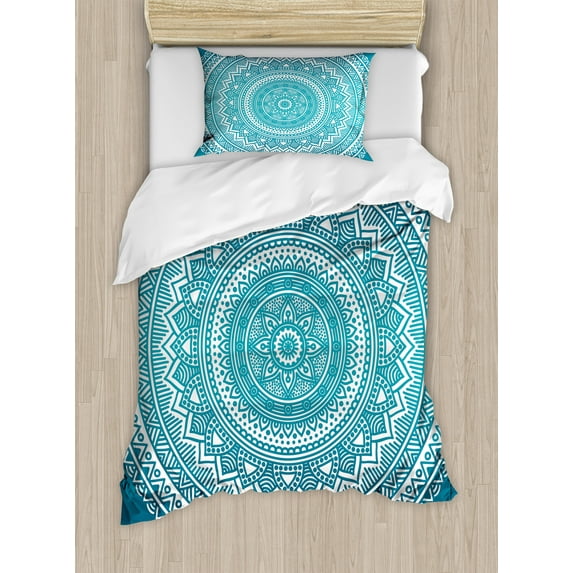 Turquoise Ombre Duvet Cover Set, Mandala Medallion Starry Design with Flower in Middle Art, Decorative 2 Piece Bedding Set with 1 Pillow Shams, Twin Size, Dark Turquoise, by Ambesonne