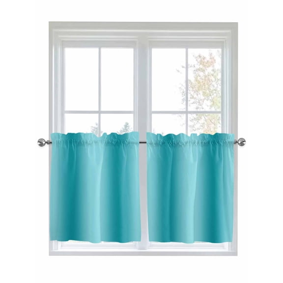 Turquoise Ombre Half Window Curtains 24 Inches Long, Farmhouse Teal Gradient Modern Art Window Treatment Curtain Drapes, Short Curtains Tiers for Kitchen Over Sink, 27.5"x24", 2 Panels
