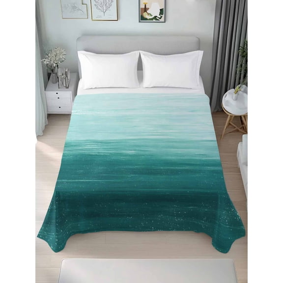 Turquoise Ombre King Size Flat Sheet, Wrinkleproof & Fadeproof Cooling Flat Bed Sheet Only, Modern Abstract Art Ocean Oil Painting Breathable Soft Bedding Top Sheets 105 x 98 Inches