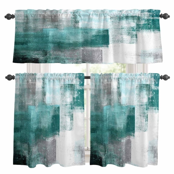 Turquoise Ombre Kitchen Curtains Sets for Windows 24 Inch Length, Modern Abstract Mottled Texture Art Rod Pocket Window Treatments Tier Curtains and Valances Set for Bedroom/Bathroom