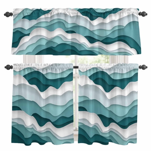 Turquoise Ombre Kitchen Curtains Sets for Windows 36 Inch Length, Modern Geometric Moire Abstract Art Rod Pocket Window Treatments Tier Curtains and Valances Set for Bedroom/Bathroom
