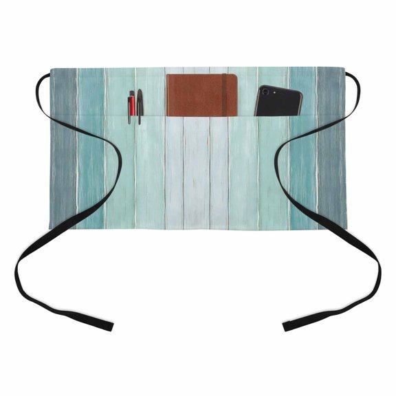 Turquoise Ombre Kitchen Restaurant Half Waist Apron, Gray Teal Wood Grain Stripes Rustic Country Server Short Apron with 3 Pockets Waterproof Oil Waist Aprons for Women Waitress Waiter