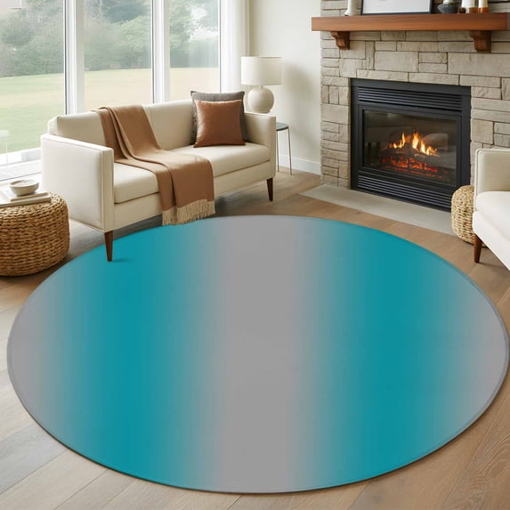 Turquoise Ombre Large Round Rug 8 FT, Non Slip Living Room Area Carpet, Grey Modern Art Farmhouse Washable Soft Circle Rug Non-Shedding Floor Carpet for Bedroom Office Dining Room