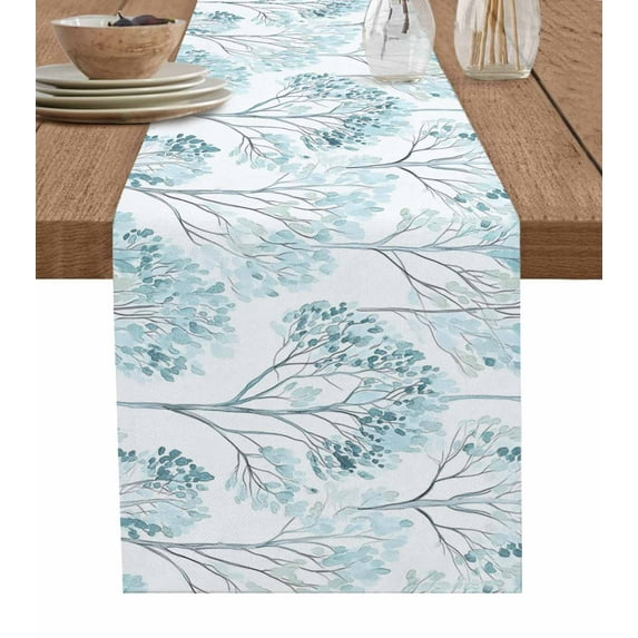 Turquoise Ombre Leaves Tree Burlap Cotton Table Runner 13x72 Inches Long, Teal Forest Vintage Farmhouse Table Runners, Outdoor Dining Tablecloths Decor for Baby Shower/Party/Wedding