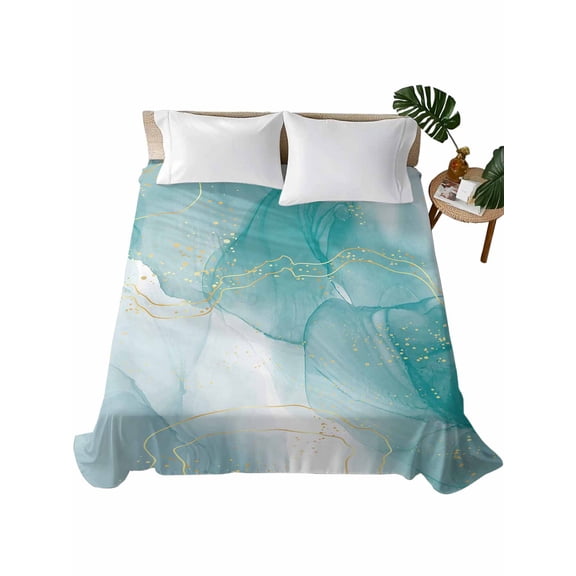 Turquoise Ombre Marble Flat Sheets Only Queen Size, Soft Breathable Bed Top Sheets for Mattress, Yellow Modern Geometric Abstract Art Luxury Bedding Flat Sheets for Home Hotel Bedroom Bed Protection