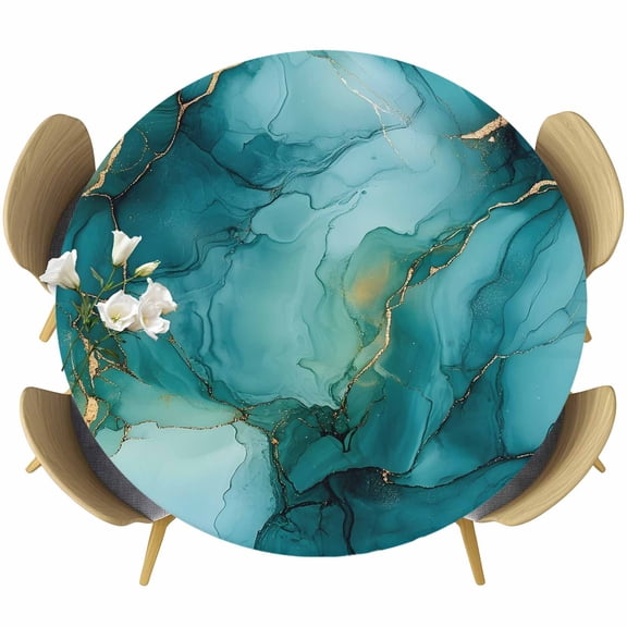 Turquoise Ombre Marble Round Tablecloth 36-44 Inch Round Fitted Table Cloth with Elastic Edge, Modern Ink Painting Abstract Waterproof Table Cover Protector for Outdoor Picnic Party Dining