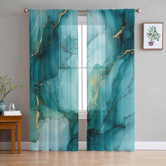 Turquoise Ombre Marble Sheer Curtains 108 Inch Length 2 Panels Set for Living Room/Bedroom, Modern Ink Painting Abstract Semi Curtain Sheers Drapes Rod Pocket Curtains Window Treatment 52''x108''x2