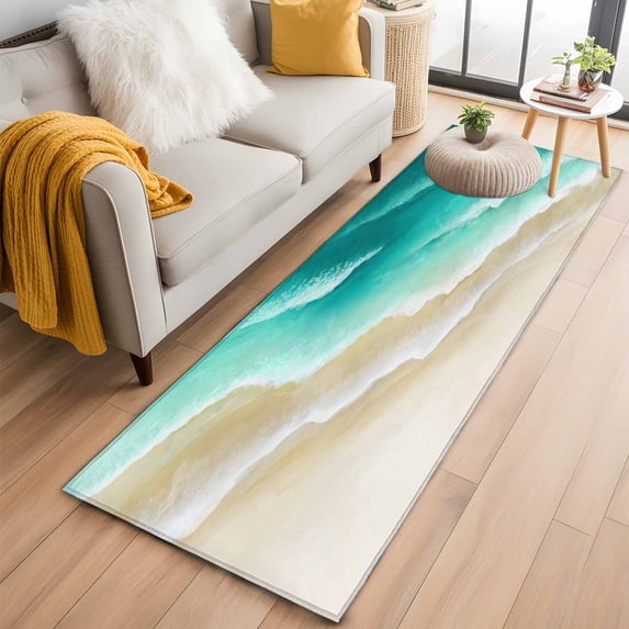 Turquoise Ombre Oceans 2'x6' Runner Rug, Watercolor Summer Coastal Beach Waves Washable Non-Slip Area Rugs for Hallway Kitchen Floor Bedroom Entryway, Laundry Carpet Decoration Indoor Mat