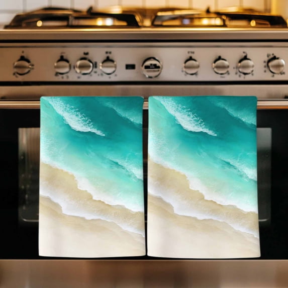 Turquoise Ombre Oceans Kitchen Towels Set of 4, Watercolor Summer Coastal Beach Waves Absorbent Dish Towels for Kitchen, Microfiber Hand Towel, Quick Drying Tea Towel Decorative Dishcloths