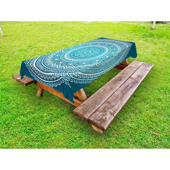 Turquoise Ombre Outdoor Tablecloth, Mandala Medallion Starry Design with Flower in Middle Ethnic Ethnic Art, Decorative Washable Fabric Picnic Tablecloth, 58 X 104 Inches, Dark Turquoise, by Ambesonne