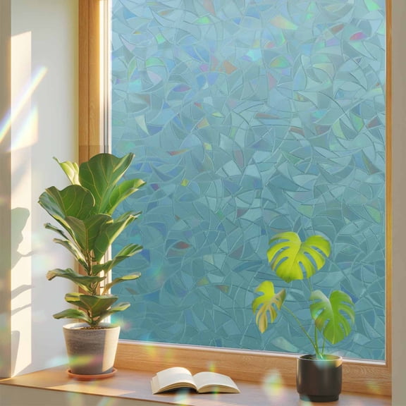 Turquoise Ombre Privacy Window Film, Decorative Stained Glass Window Film, Teal White Gradient Modern Abstract Art Resuable Rainbow Static Cling for Home Bathroom Living Room Glass Door 23.6"x59"