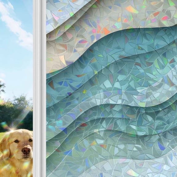 Turquoise Ombre Rainbow Window Privacy Film, Abstract Stripe Ocean Wave Geometric Modern Art Stained Glass Window Film, Sun Blocking Static Cling Non Adhesive Door Stickers 19.6 x 39.3 Inches