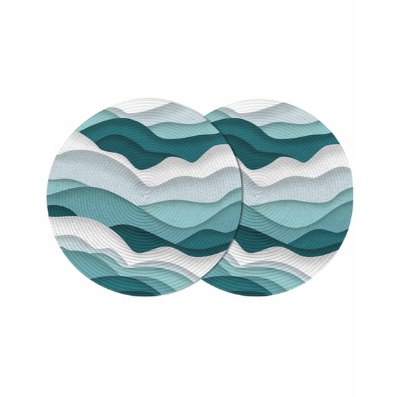 Turquoise Ombre Round 13 Inch Placemats Set of 2, Modern Geometric Moire Abstract Art HeatResistant Non Slip Place Mats for Dining Table, Wipeable Braided Kitchen Table Mats for Housewarming