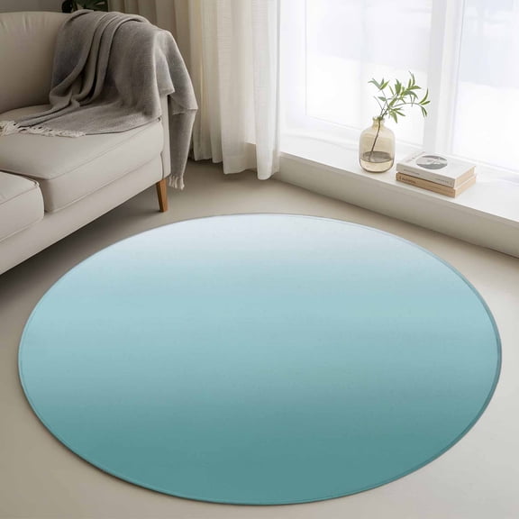 Turquoise Ombre Round Area Rug 4 FT, Non Slip Indoor Outdoor Rug, Teal White Gradient Modern Abstract Art Washable Soft Circular Carpet Non-Shedding Floor Mat for Coffee Table Nursery Foyer Balcony