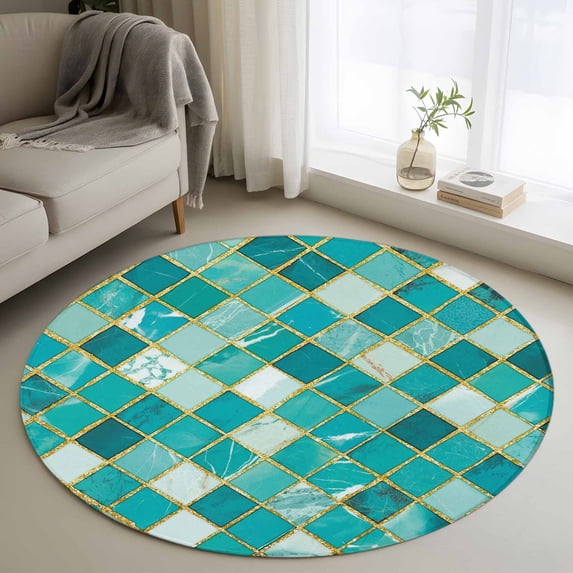 Turquoise Ombre Round Area Rug 4Ft Washable Circle Rugs for Bedroom Dining Room, Modern Abstract Art Geometric Rhombus Non-Slip Carpet Floor Mats Indoor Outdoor Carpet Runner Aesthetic Home Decor