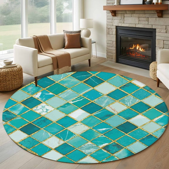 Turquoise Ombre Round Area Rug 6Ft Washable Circle Rugs for Bathroom Office, Modern Abstract Art Geometric Rhombus Non-Slip Carpet Floor Mats Indoor Outdoor Carpet Runner Aesthetic Home Decor