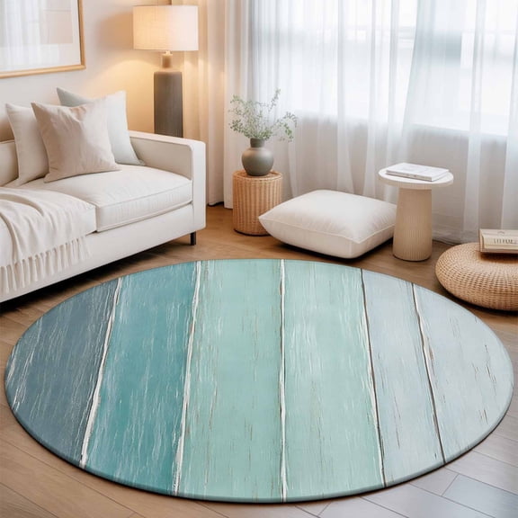 Turquoise Ombre Round Living Room Rugs 5 ft, Gray Teal Wood Grain Stripes Rustic Country Washable Area Rug with Non-Slip Sturdy Edge Binding Round Carpet for Entryway Kitchen Bedroom Bathroom