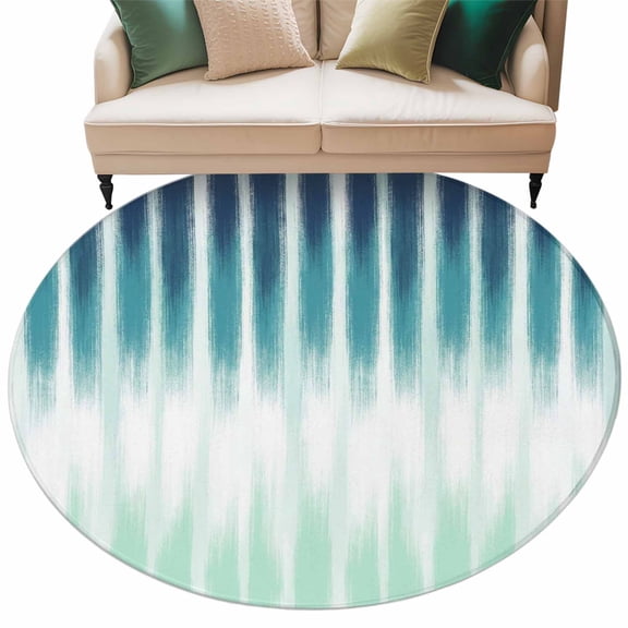 Turquoise Ombre Round Living Room Rugs 6 ft, Modern Abstract Teal Blue Linear Drips Coastal Washable Area Rug with Non-Slip Sturdy Edge Binding Round Carpet for Kitchen Office Bedroom