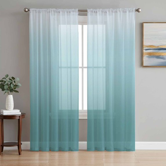 Turquoise Ombre Semi Sheer Curtains 108 Inch Length 2 Panels Set, Teal White Gradient Modern Abstract Art Sheer Kitchen Curtain Privacy Voile Window Curtain for Living Room Bedroom Rod Pocket Drapes