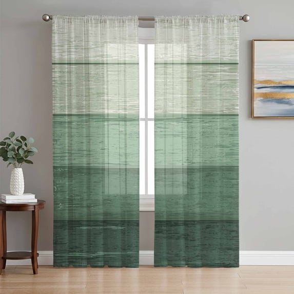 Turquoise Ombre Semi Sheer Window Curtains 63 Inches Long, Farmhouse Vintage Wooden Striped Rod Pocket Voile Silky Chiffon Curtain Light Filtering Drapes for Living Room, Kitchen, 52"x63", 2 Panels