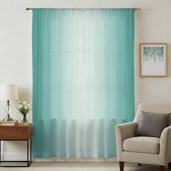 Turquoise Ombre Sheer Curtains 54 Inches Long, Modern Gradient Abstract Art Light Filering Curtains, Breathable Simi Curtain Privacy Drapes for Kitchen Bathroom Nursery Small Window Treatment