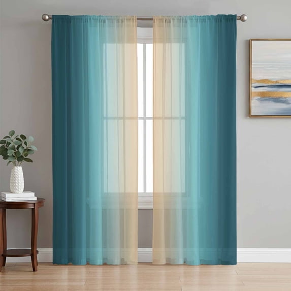 Turquoise Ombre Sheer Curtains 72 Inch Length 2 Panels Set Window Treatments, Modern Yellow Gradient Farmhouse Art Rod Pocket Semi Curtains for Living Room/Bedroom/Kitchen Décor, 104"W x 72"L