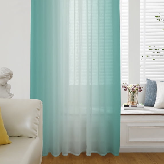 Turquoise Ombre Sheer Curtains 84 Inch Length, Light Filtering Voile Curtain Panel, Modern Gradient Abstract Art Rod Pocket Drapes Window Treatments for Living Room Bedroom 52"x84"