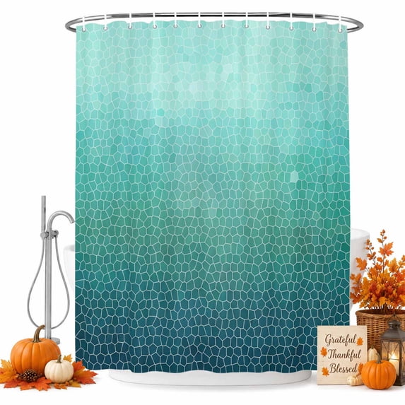 Turquoise Ombre Shower Curtain Set - Extra Long 72" x 96" Washable Bathtub Curtain with 12 Hooks, Geometric Stained Glass Waterproof Fabric Stall Shower Curtains for Bathroom/Bathtub Décor