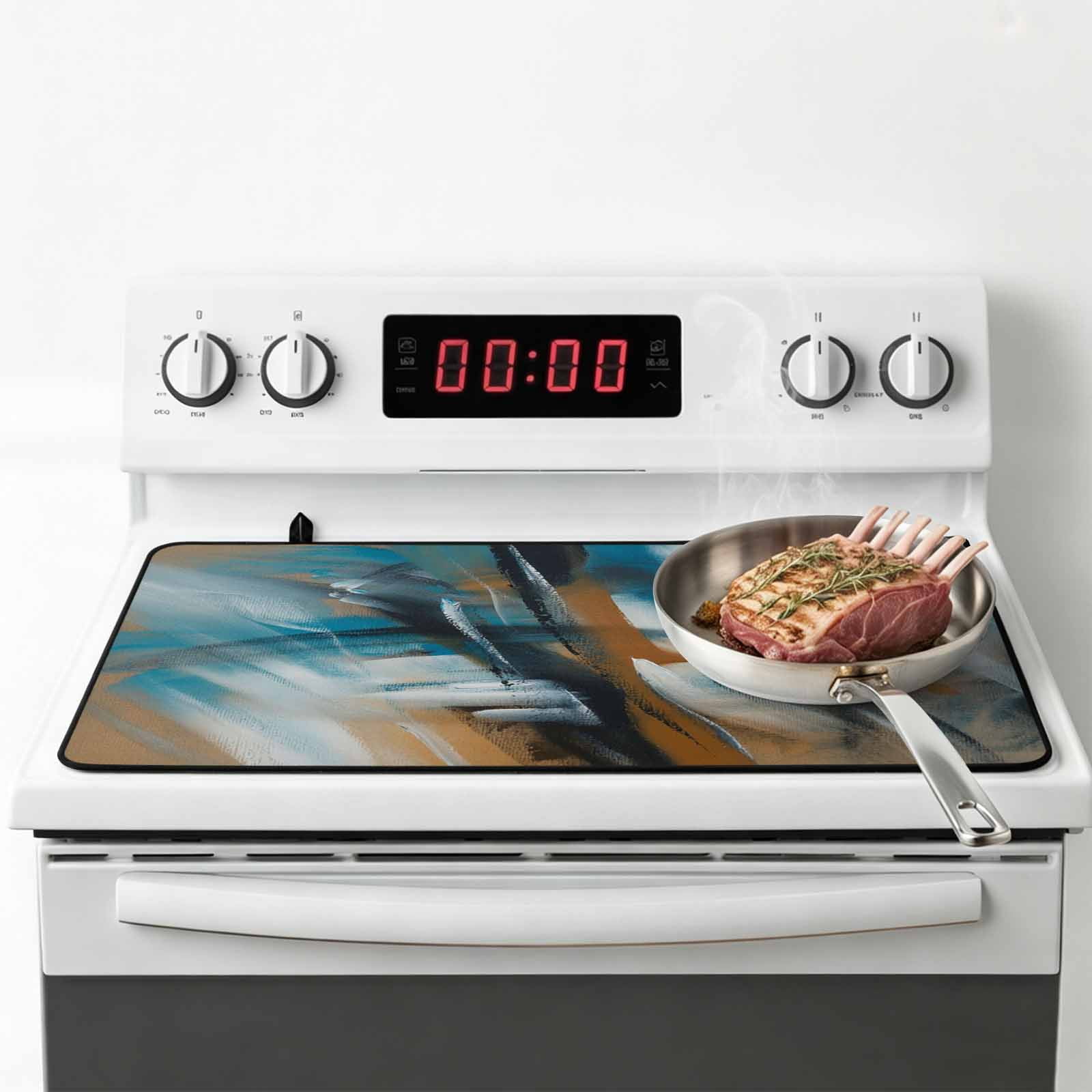 Turquoise Ombre Stove Top Cover for Electric Stove, Heat-proof & Non Slip Glass Top Stove Cover Protector, Brown Abstract Modern Gradient Retro Art Kitchen Flat Cooktop Rubber Mat 24x21 Inches