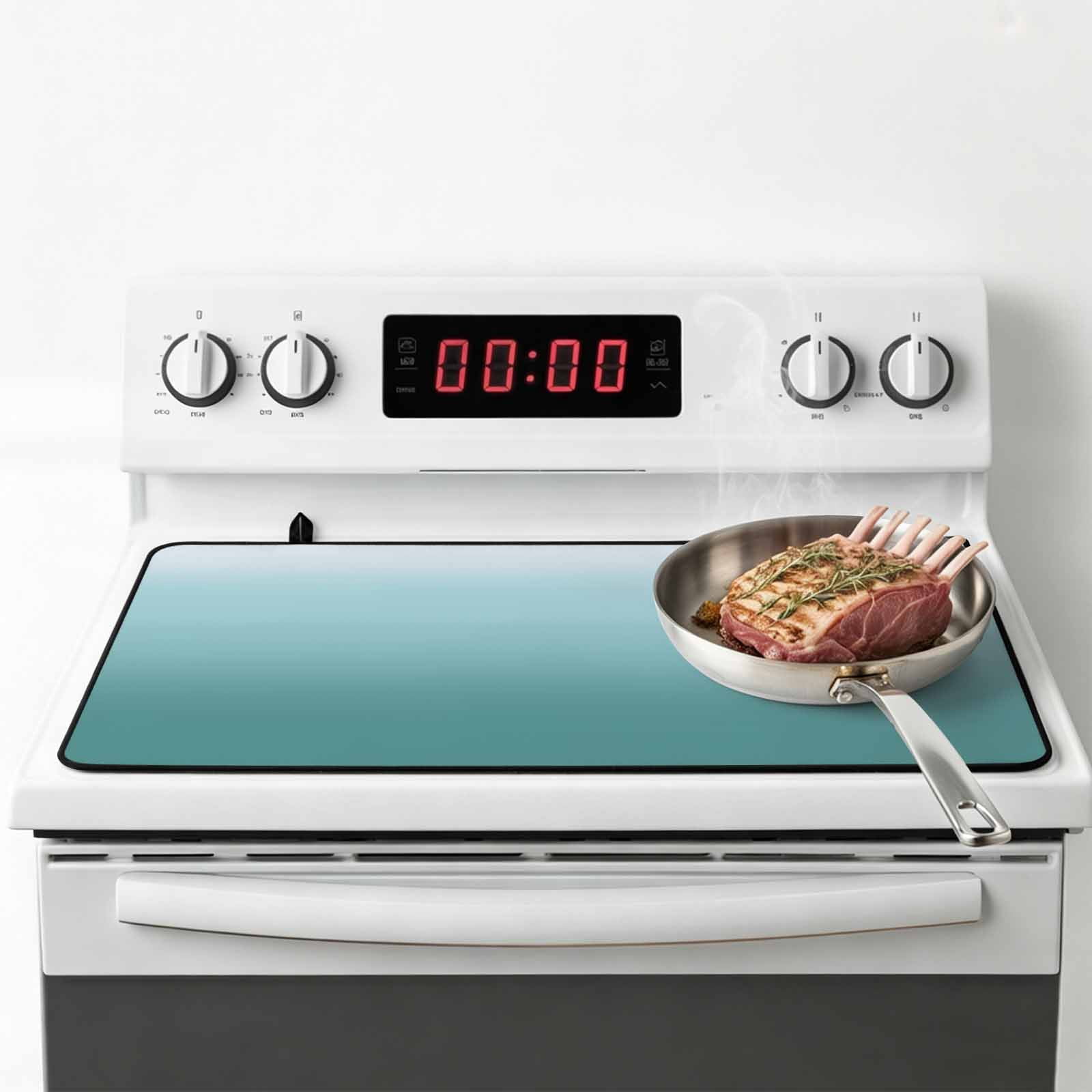 Turquoise Ombre Stove Top Cover for Electric Stove, Heat-proof & Non Slip Glass Top Stove Cover Protector, Teal White Gradient Modern Abstract Art Kitchen Flat Cooktop Rubber Mat 31x24 Inches