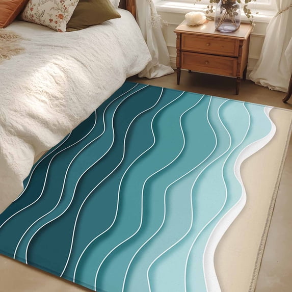 Turquoise Ombre Stripe Area Rugs 2.7x5 for Living Room, Summer Beach Abstract Waves Moires Non Slip Washable Rug Runner, Low Pile Indoor Floor Carpet Mat Bathroom Rugs for Bedroom, Kids Room