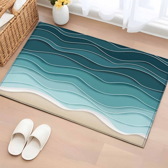 Turquoise Ombre Stripe Area Rugs 2x3 for Living Room, Summer Beach Abstract Waves Moires Non Slip Washable Rug Runner, Low Pile Indoor Floor Carpet Mat Bathroom Rugs for Bedroom, Kids Room