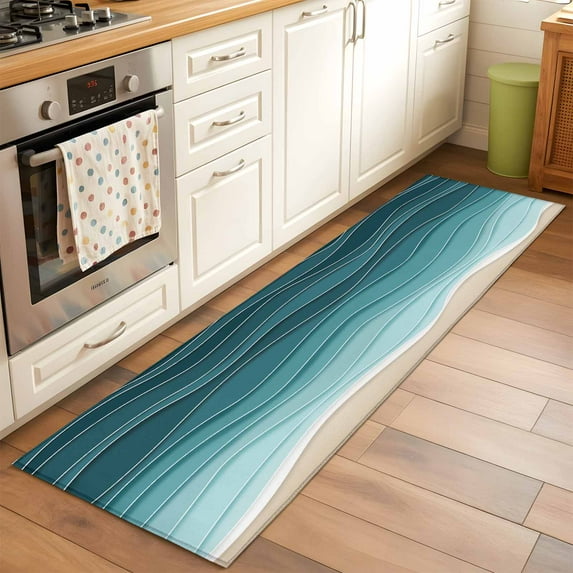 Turquoise Ombre Stripe Area Rugs 2x6 for Kitchen Runner Rug, Summer Beach Abstract Waves Moires Non Slip Washable Rug Runner, Low Pile Indoor Floor Carpet Mat Bathroom Rugs for Bedroom, Kids Room