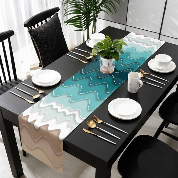 Turquoise Ombre Stripe Cotton Linen Long Table Runner 13 x 108 inch Abstract Summer Beach Coastal Non-slip Rectangular Dining Table Decor for Wedding Party Holiday Dinner