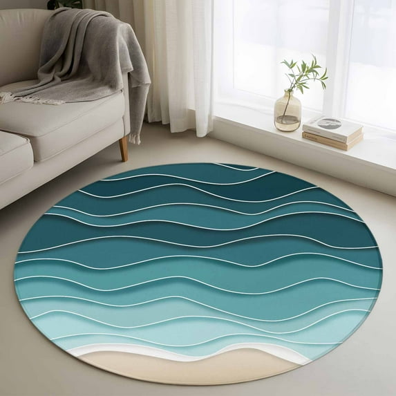 Turquoise Ombre Stripe Round Rugs 4ft, Summer Beach Abstract Waves Moires Non Slip Washable Rug Runner, Low Pile Indoor Floor Carpet Mat Bathroom Rugs for Living Room, Bedroom, Kids Room