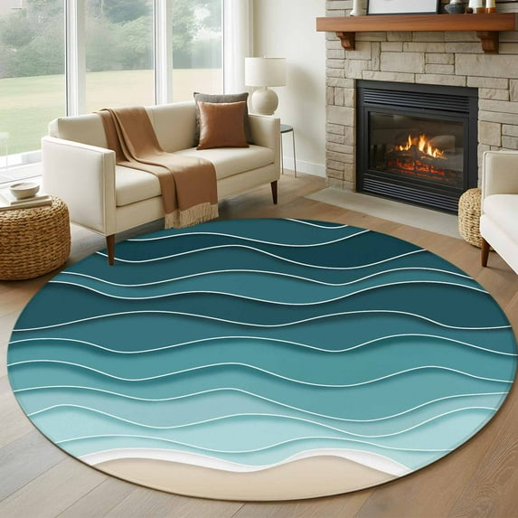Turquoise Ombre Stripe Round Rugs 5ft, Summer Beach Abstract Waves Moires Non Slip Washable Rug Runner, Low Pile Indoor Floor Carpet Mat Bathroom Rugs for Living Room, Bedroom, Kids Room