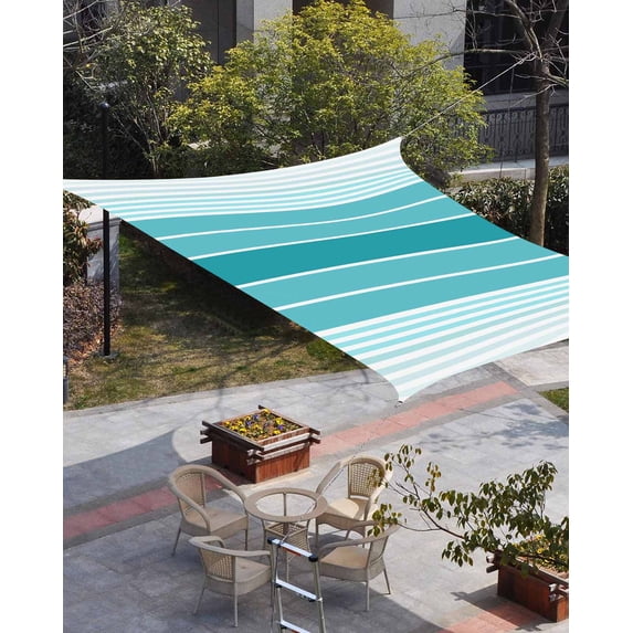 Turquoise Ombre Stripe Sun Shade Sail 6.5'x10' Rectangle Outdoor Shade Canopy, Farmhouse Striped Gradient Porch Shades Outdoor Sun Blocking Screen, Sunshade Cloth Covers for Patio/Deck/Garden