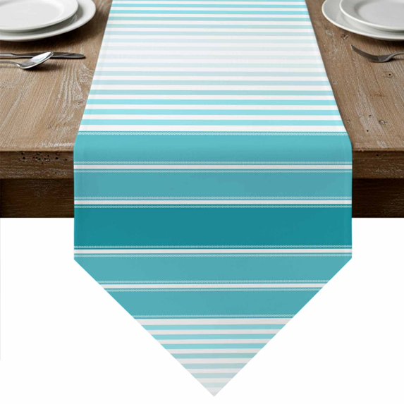 Turquoise Ombre Stripe Table Runner Linen Burlap Table Runner 70 Inches Long Farmhouse Simple Striped Dresser Scarves for Kitchen Island Coffee Dining Room Party Wedding Banquet Holiday Decor 13"x70"