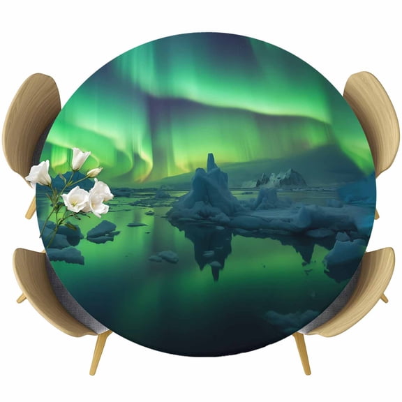 Turquoise Ombre Table Cloth, Round Fitted Tablecloths with Elastic Edge, Teal Aurora Iceland Scenery Wipeable Waterproof Table Cover for Kitchen Wedding 55-60 Inches