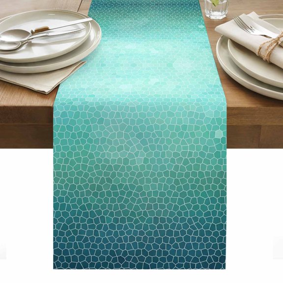 Turquoise Ombre Table Runner Geometric Stained Glass Tablerunners 13 x 48 Inch, Table Decorations Tabletop Scarf for Summer Gathering Holiday Farmhouse Kitchen Dining Decor
